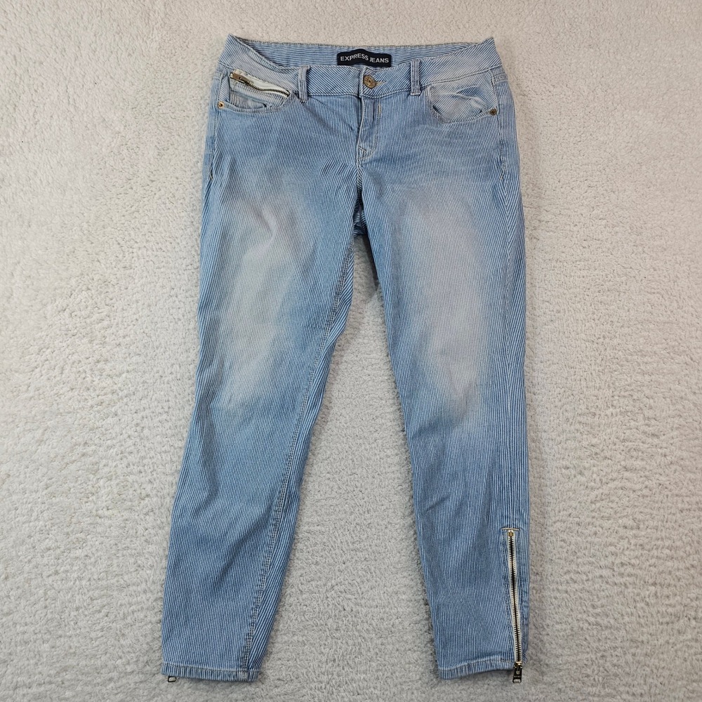 Express Jeans Stella Low Rise Ankle Legging Pinstripe Blue White Size 8R Zipper‎